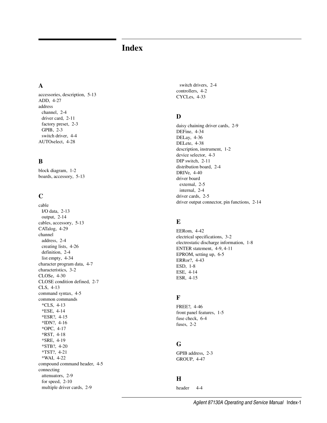 Agilent Technologies 87130A manual Index 