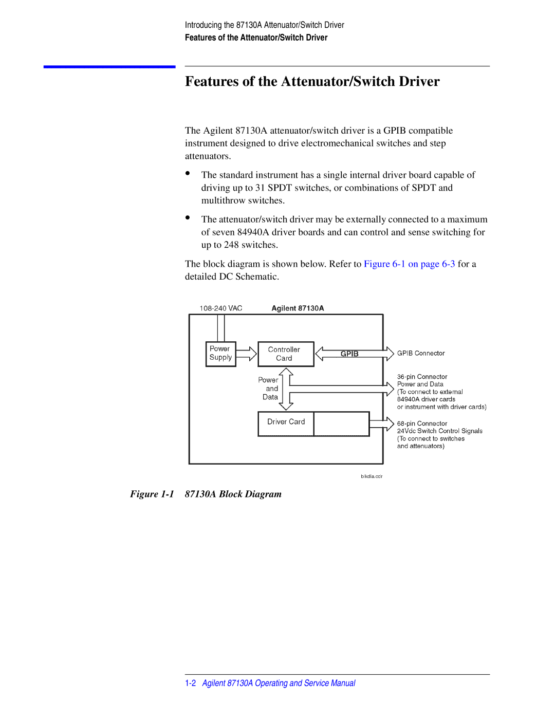 Agilent Technologies manual Features of the Attenuator/Switch Driver, 87130A Block Diagram 