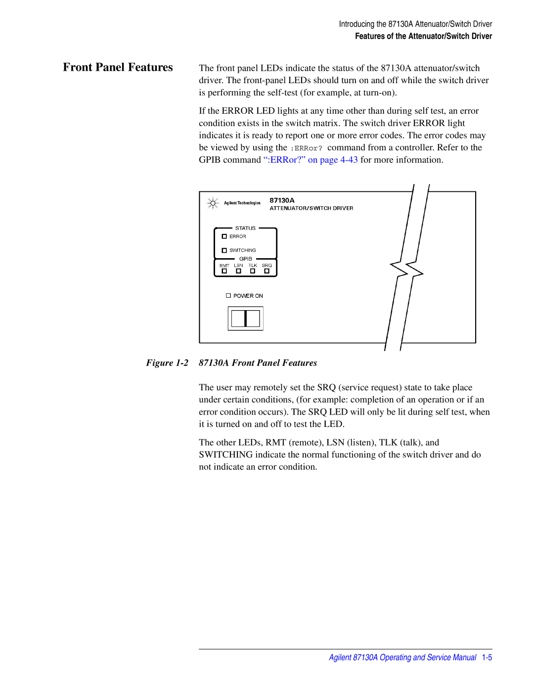 Agilent Technologies manual 87130A Front Panel Features 