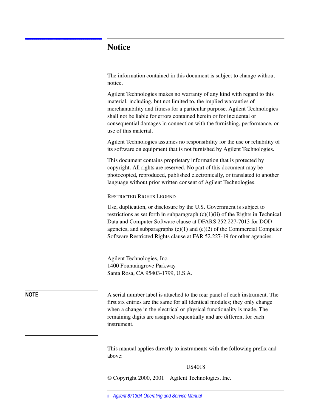 Agilent Technologies 87130A manual Use of this material 