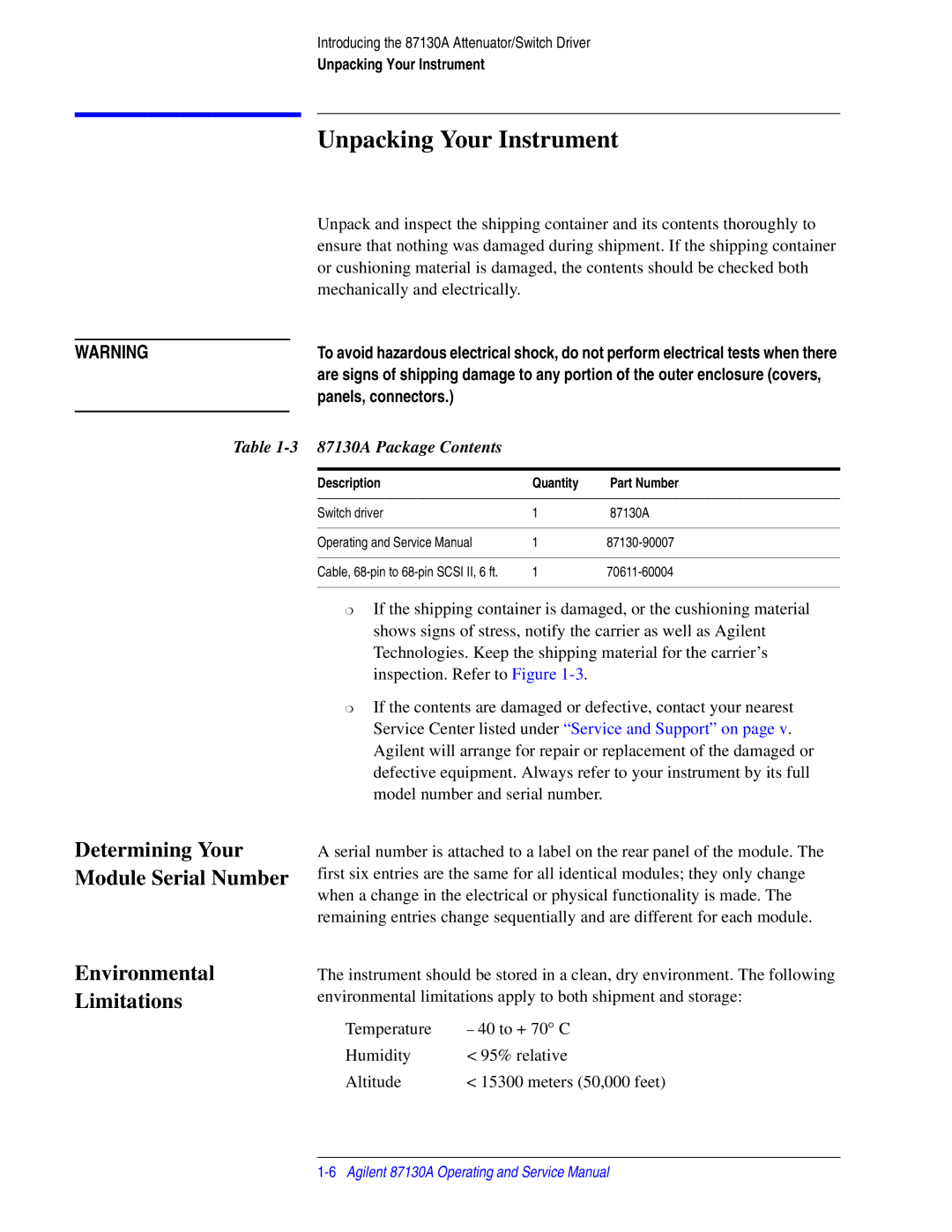 Agilent Technologies manual Unpacking Your Instrument, 87130A Package Contents, Description Quantity Part Number 