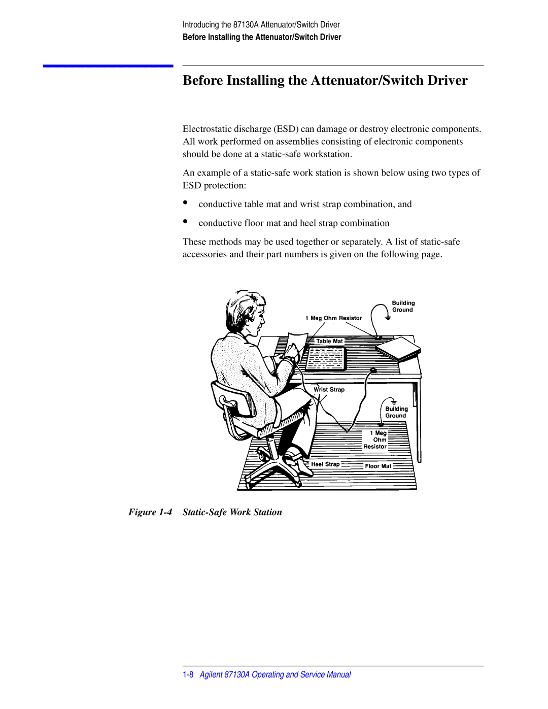 Agilent Technologies 87130A manual Before Installing the Attenuator/Switch Driver, Static-Safe Work Station 