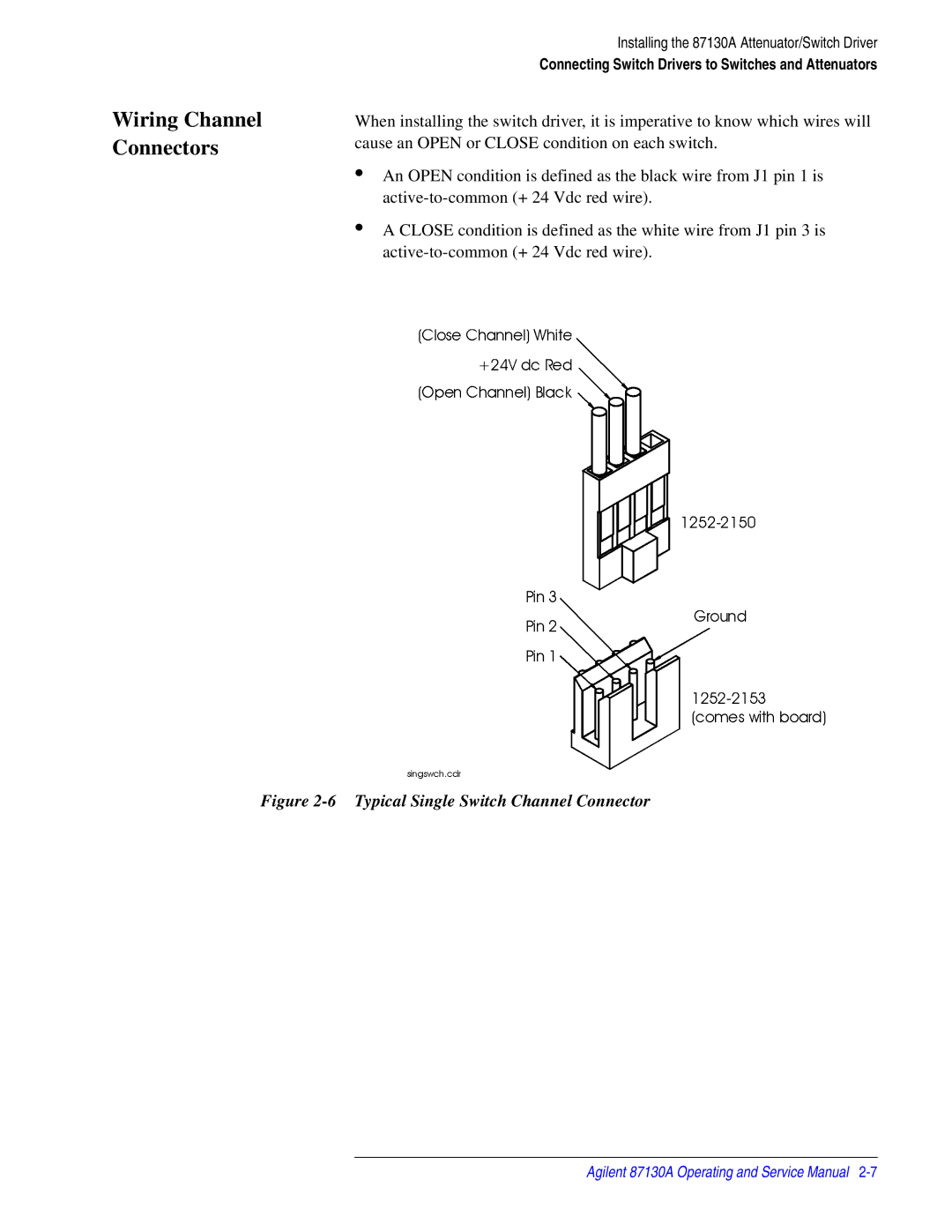 Agilent Technologies 87130A manual Wiring Channel Connectors, Typical Single Switch Channel Connector 