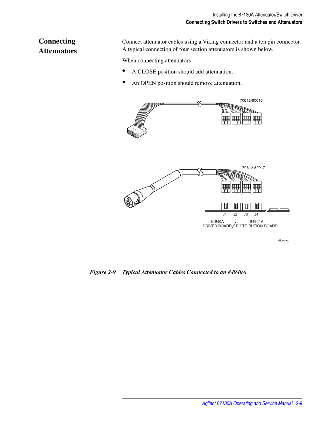 Agilent Technologies 87130A manual Connecting Attenuators, Typical Attenuator Cables Connected to an 84940A 