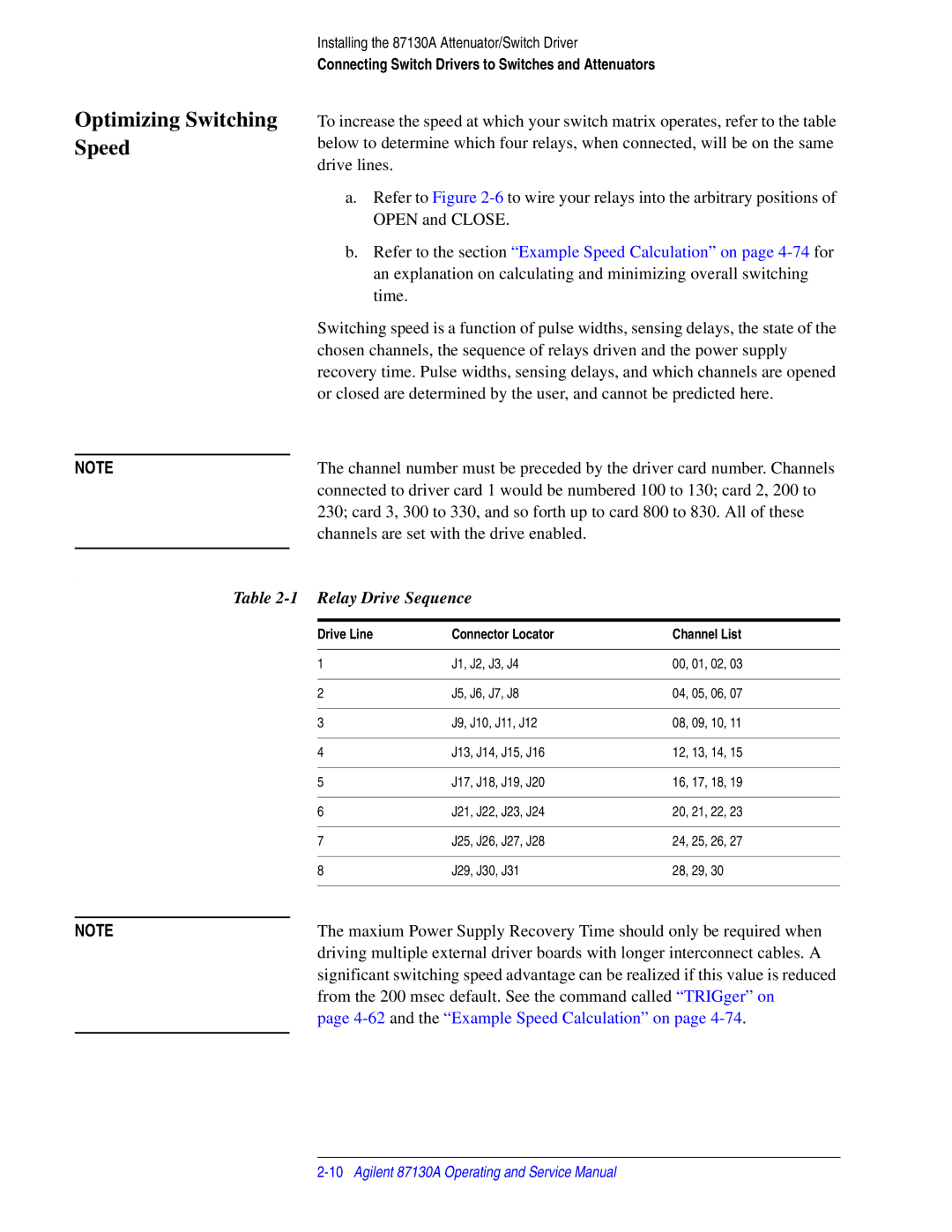 Agilent Technologies 87130A Optimizing Switching Speed, Relay Drive Sequence, Drive Line Connector Locator Channel List 