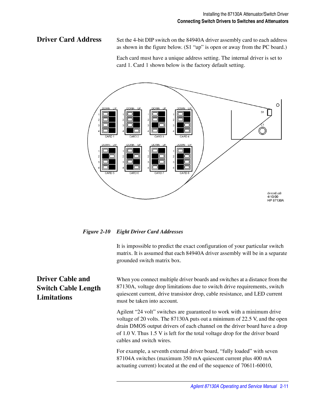 Agilent Technologies 87130A manual Driver Card Address, Driver Cable Switch Cable Length Limitations 