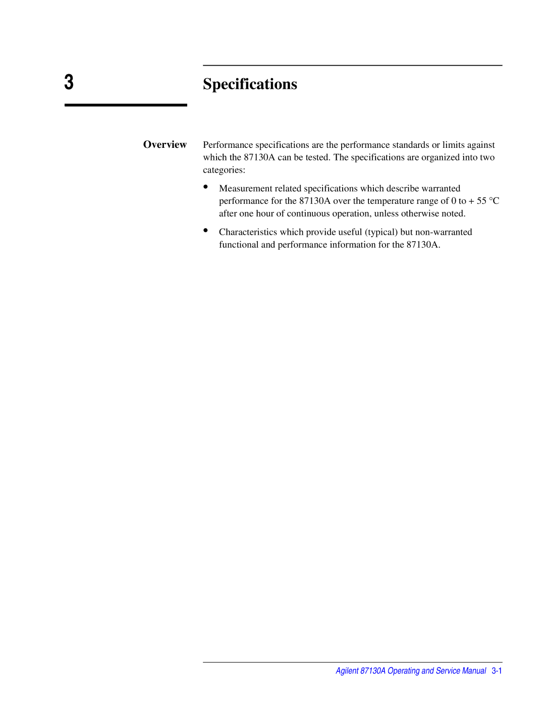 Agilent Technologies 87130A manual 3Specifications 