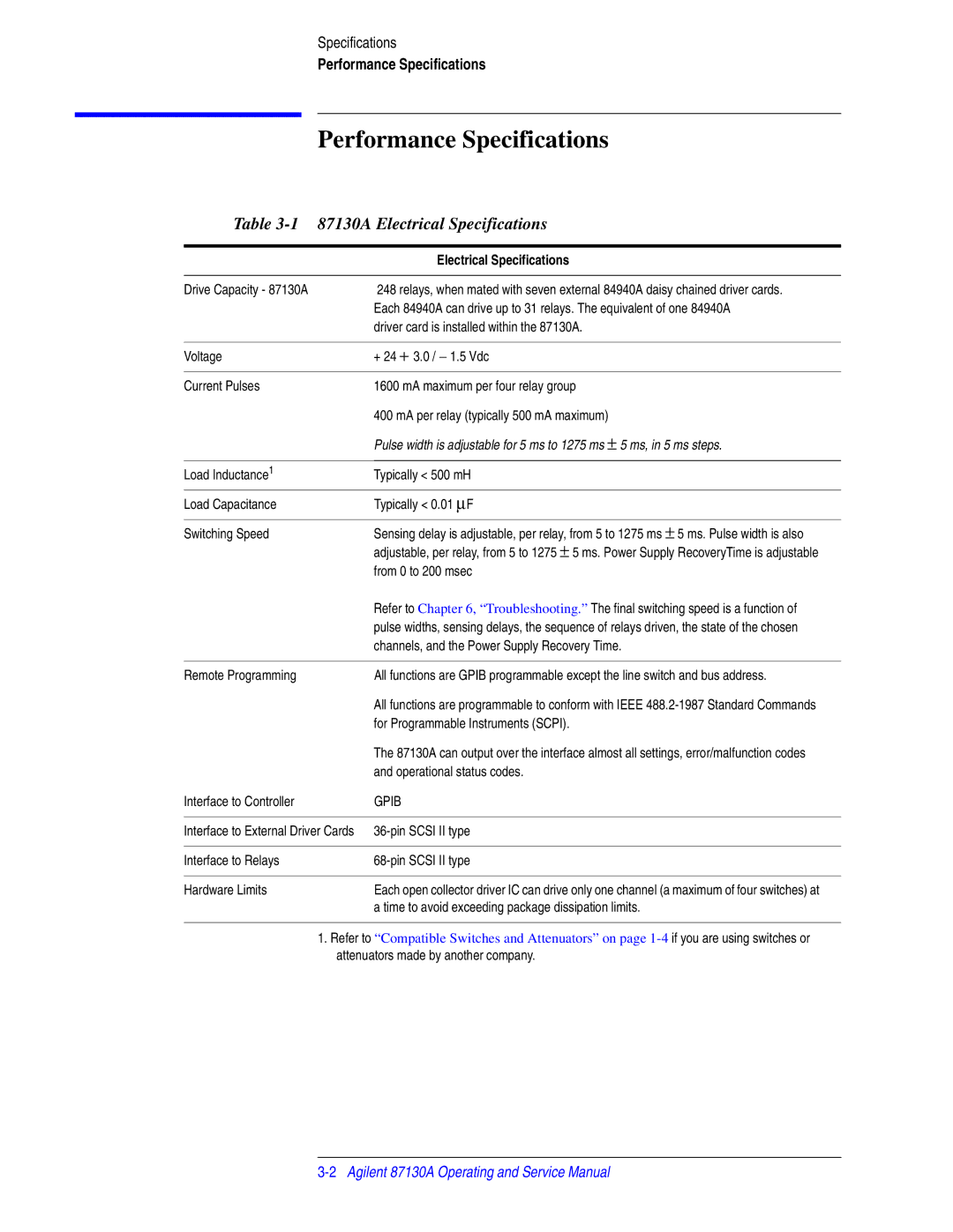 Agilent Technologies manual Performance Specifications, 87130A Electrical Specifications 