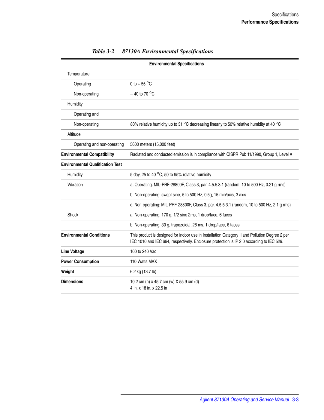 Agilent Technologies manual 87130A Environmental Specifications 