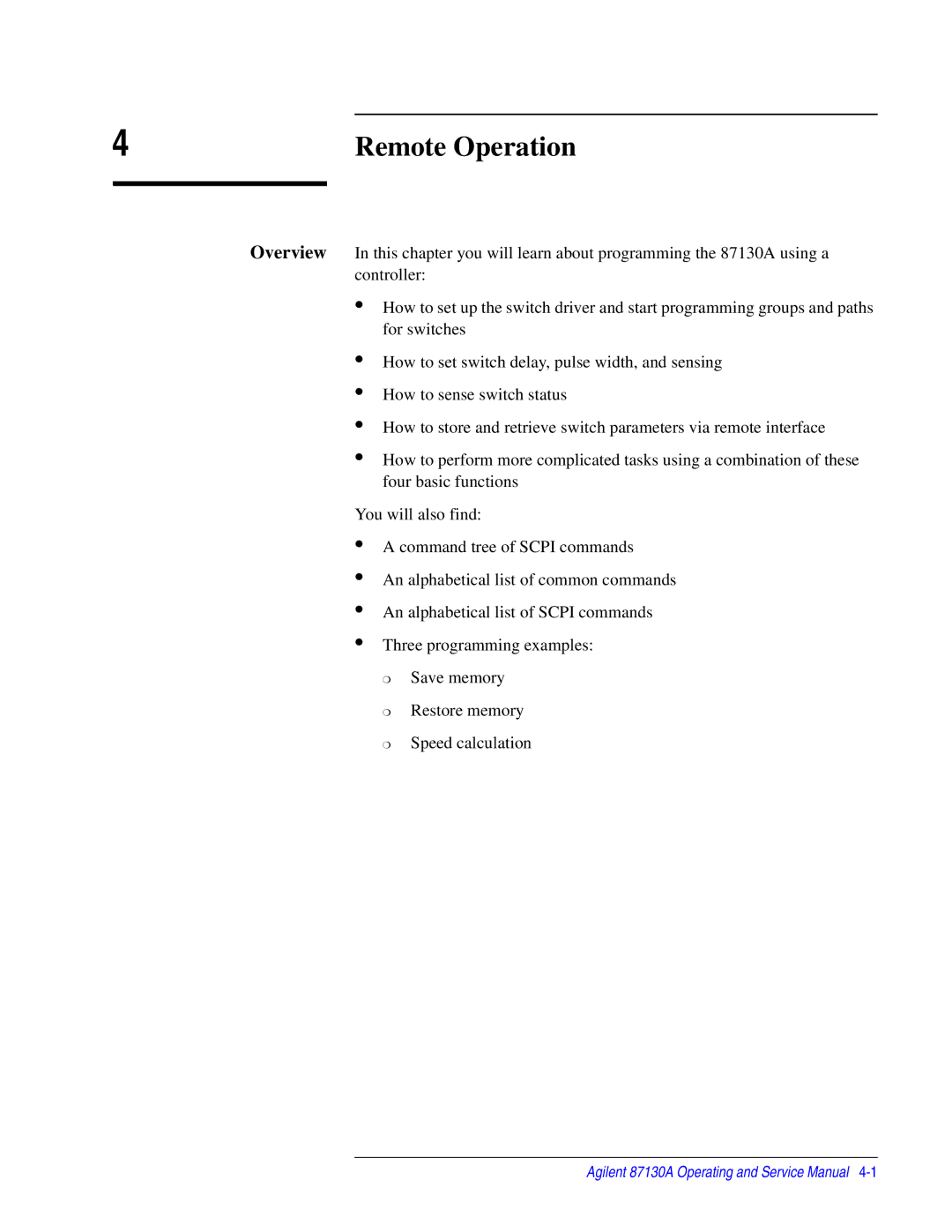 Agilent Technologies 87130A manual Remote Operation 