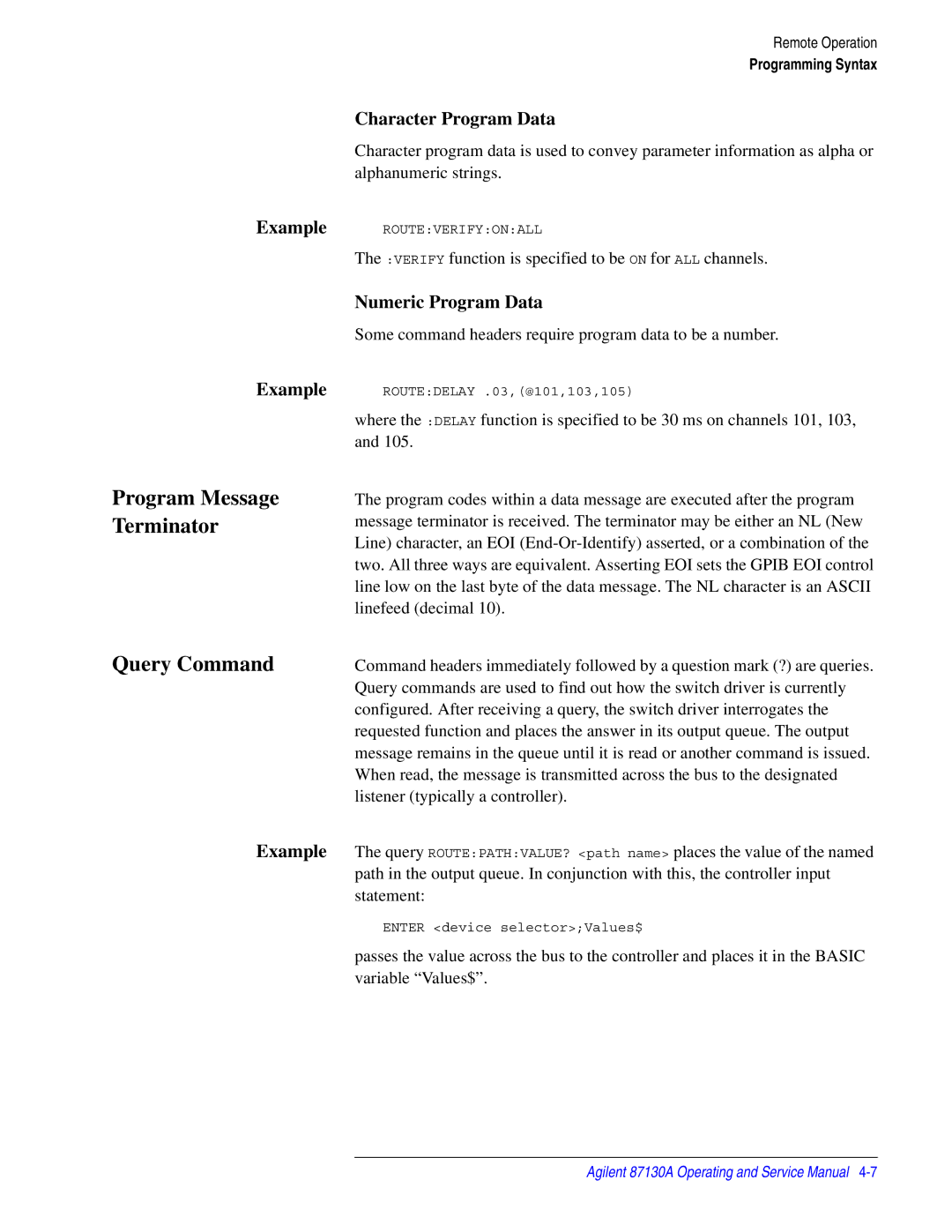 Agilent Technologies 87130A manual Query Command, Character Program Data, Numeric Program Data 