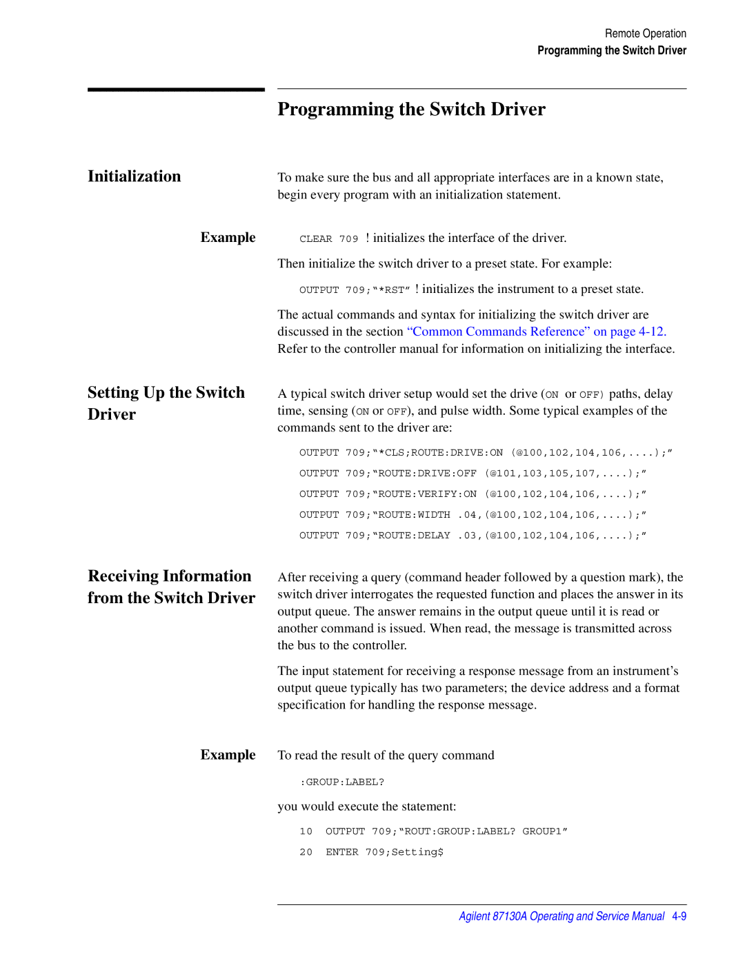 Agilent Technologies 87130A manual Programming the Switch Driver, Initialization, Setting Up the Switch 