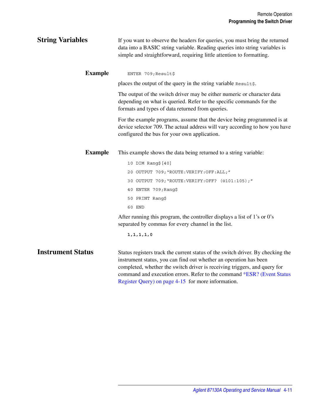 Agilent Technologies 87130A manual String Variables, Instrument Status 