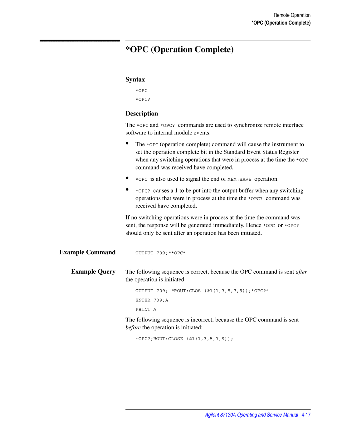 Agilent Technologies 87130A manual OPC Operation Complete 