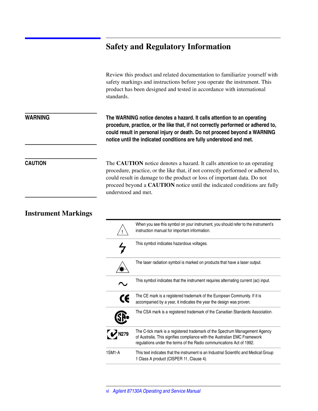 Agilent Technologies 87130A manual Safety and Regulatory Information, Instrument Markings 