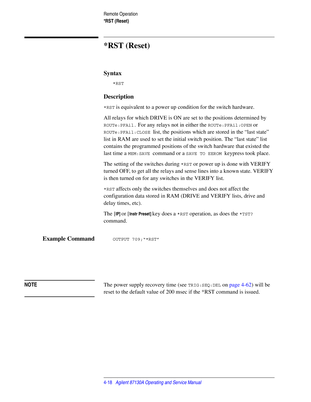 Agilent Technologies 87130A manual RST Reset 