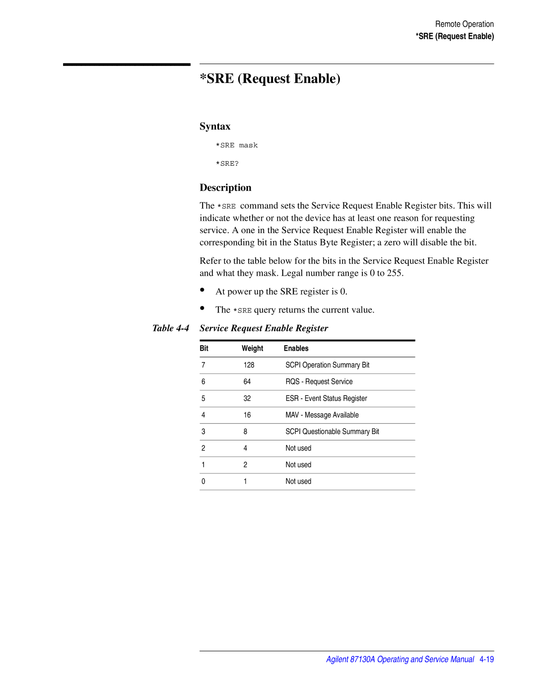 Agilent Technologies 87130A manual SRE Request Enable, Service Request Enable Register 