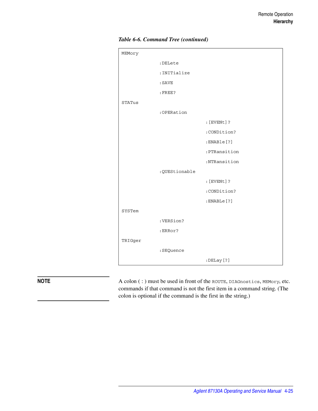 Agilent Technologies 87130A manual Colon is optional if the command is the first in the string 