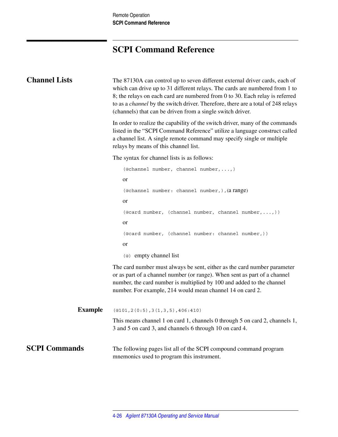 Agilent Technologies 87130A manual Scpi Command Reference, Channel Lists, Scpi Commands 