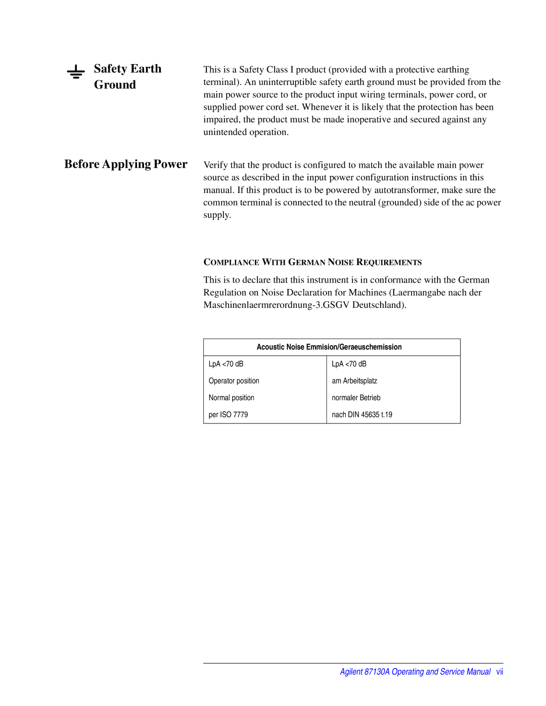 Agilent Technologies 87130A manual Safety Earth Ground, Acoustic Noise Emmision/Geraeuschemission 