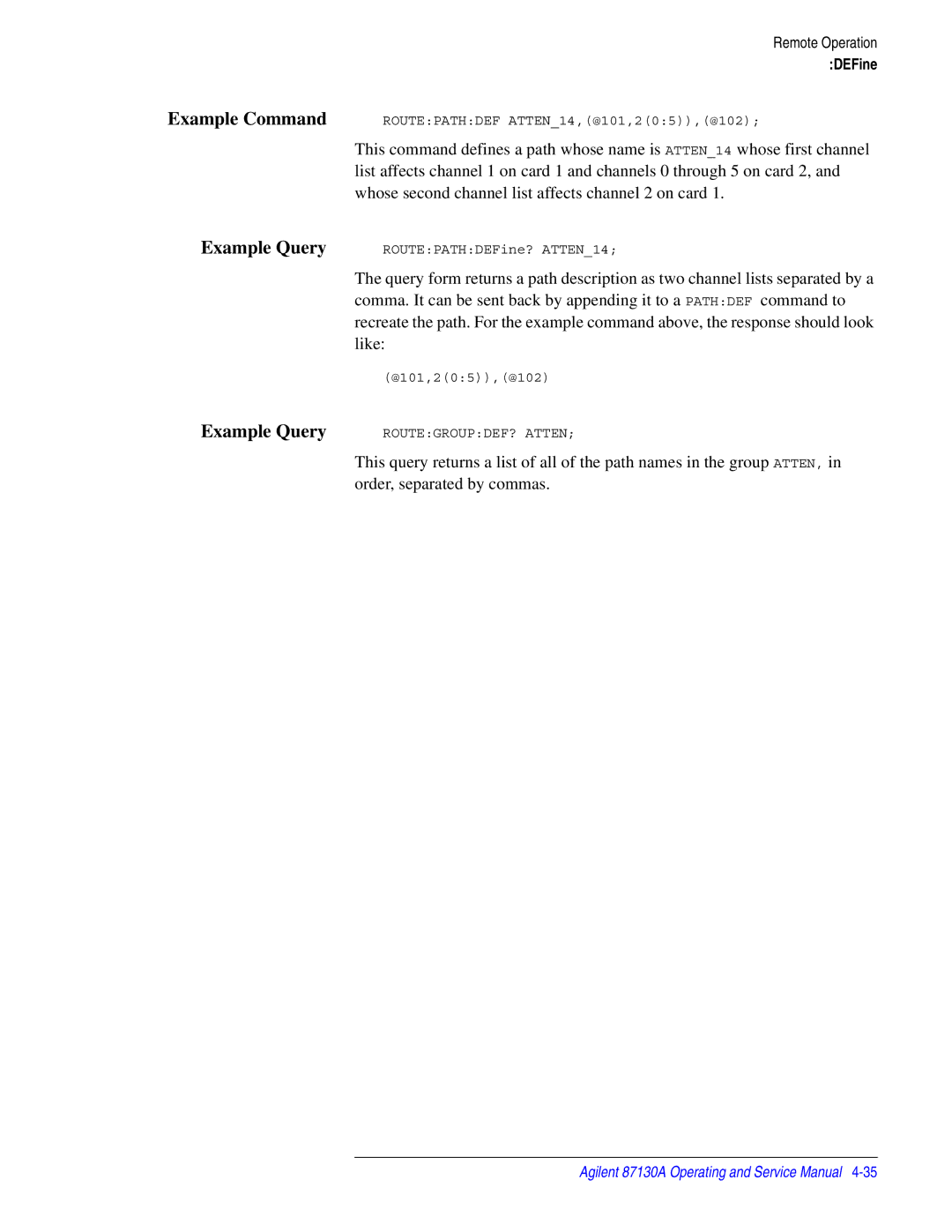 Agilent Technologies 87130A manual Routepathdef ATTEN14,@101,205,@102 