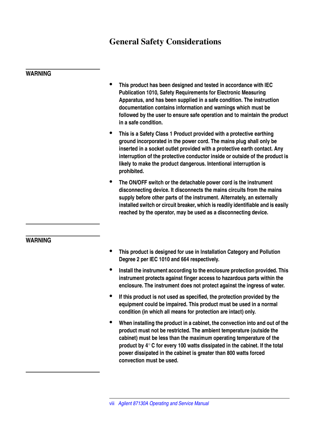 Agilent Technologies 87130A manual General Safety Considerations 