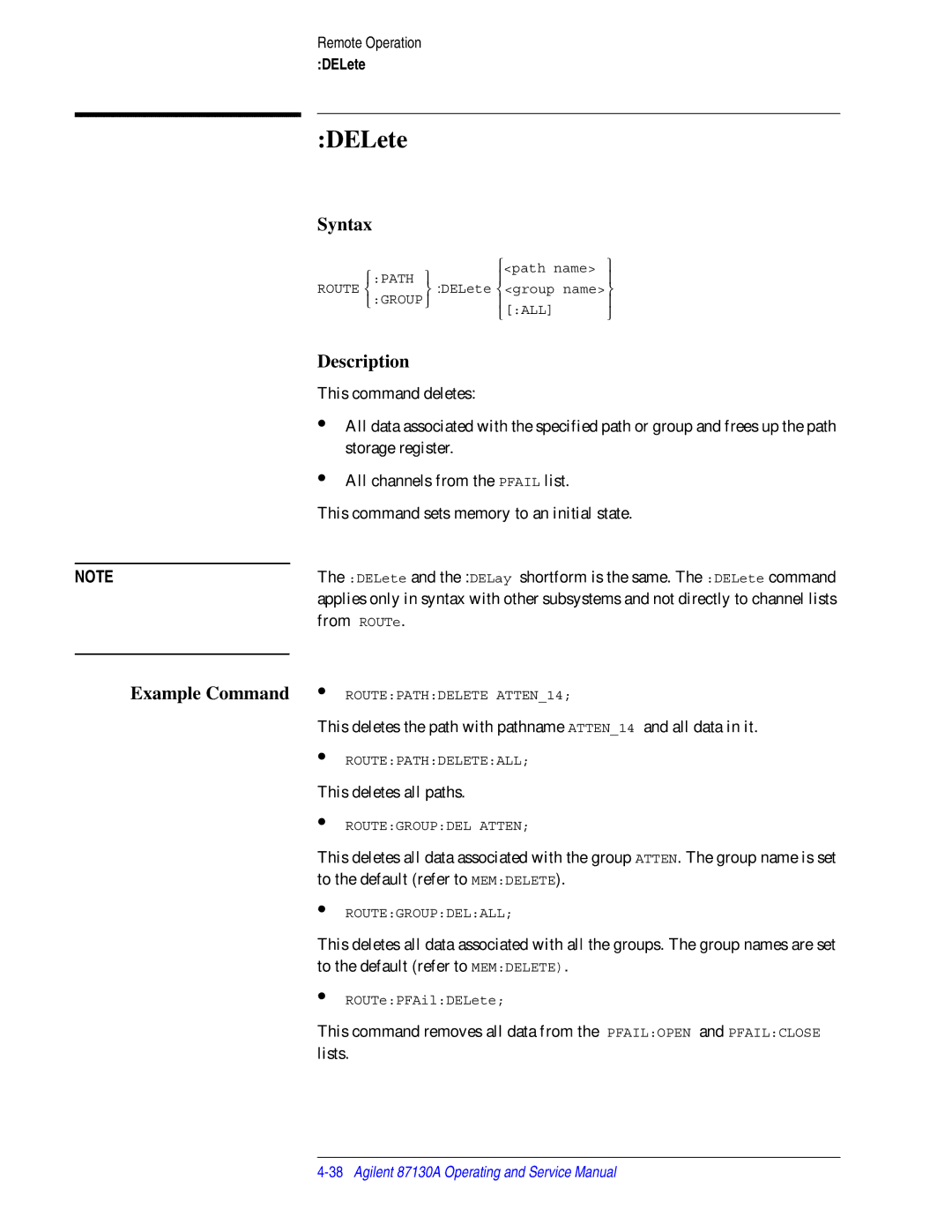 Agilent Technologies 87130A manual DELete 