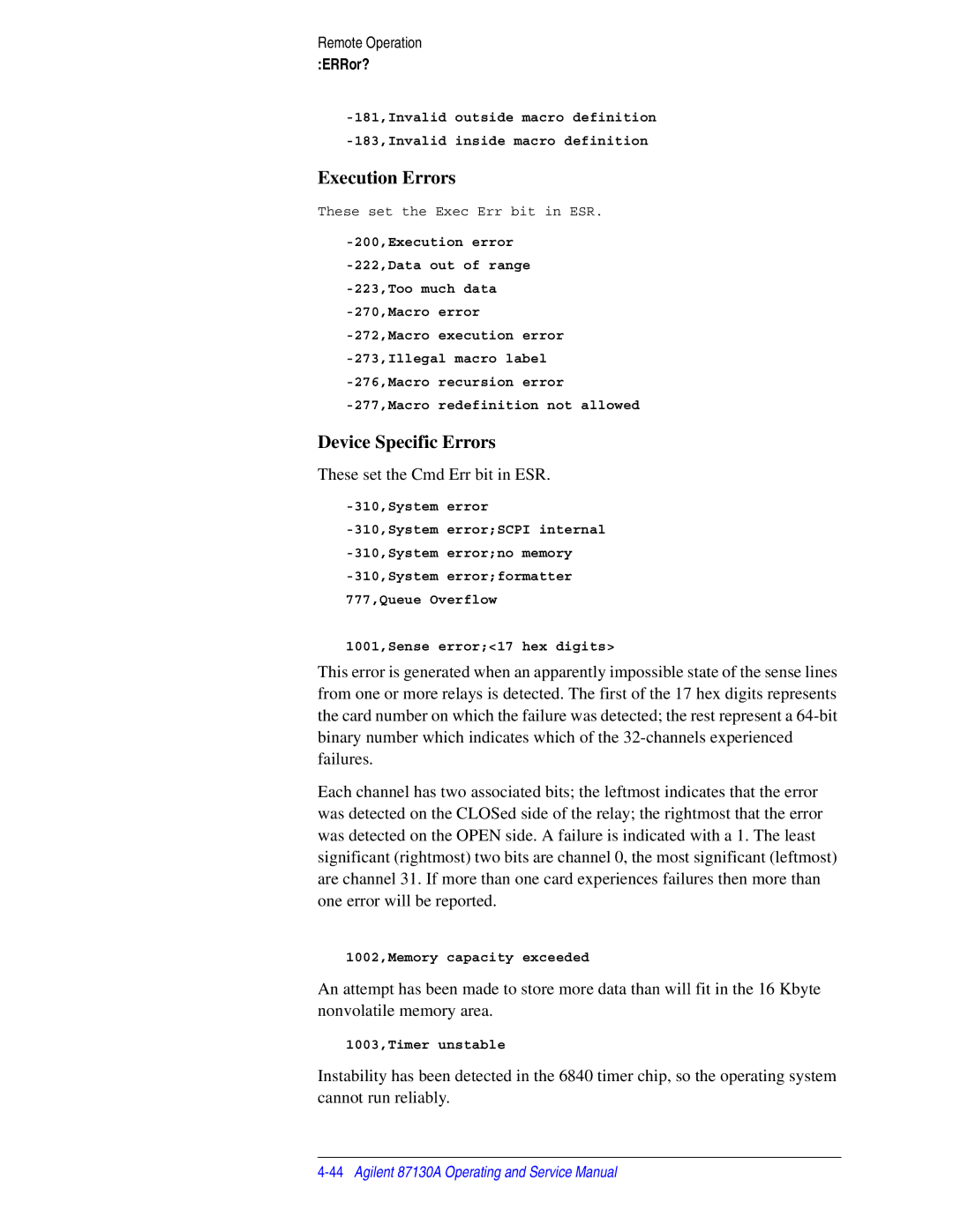Agilent Technologies 87130A manual Execution Errors, Device Specific Errors 
