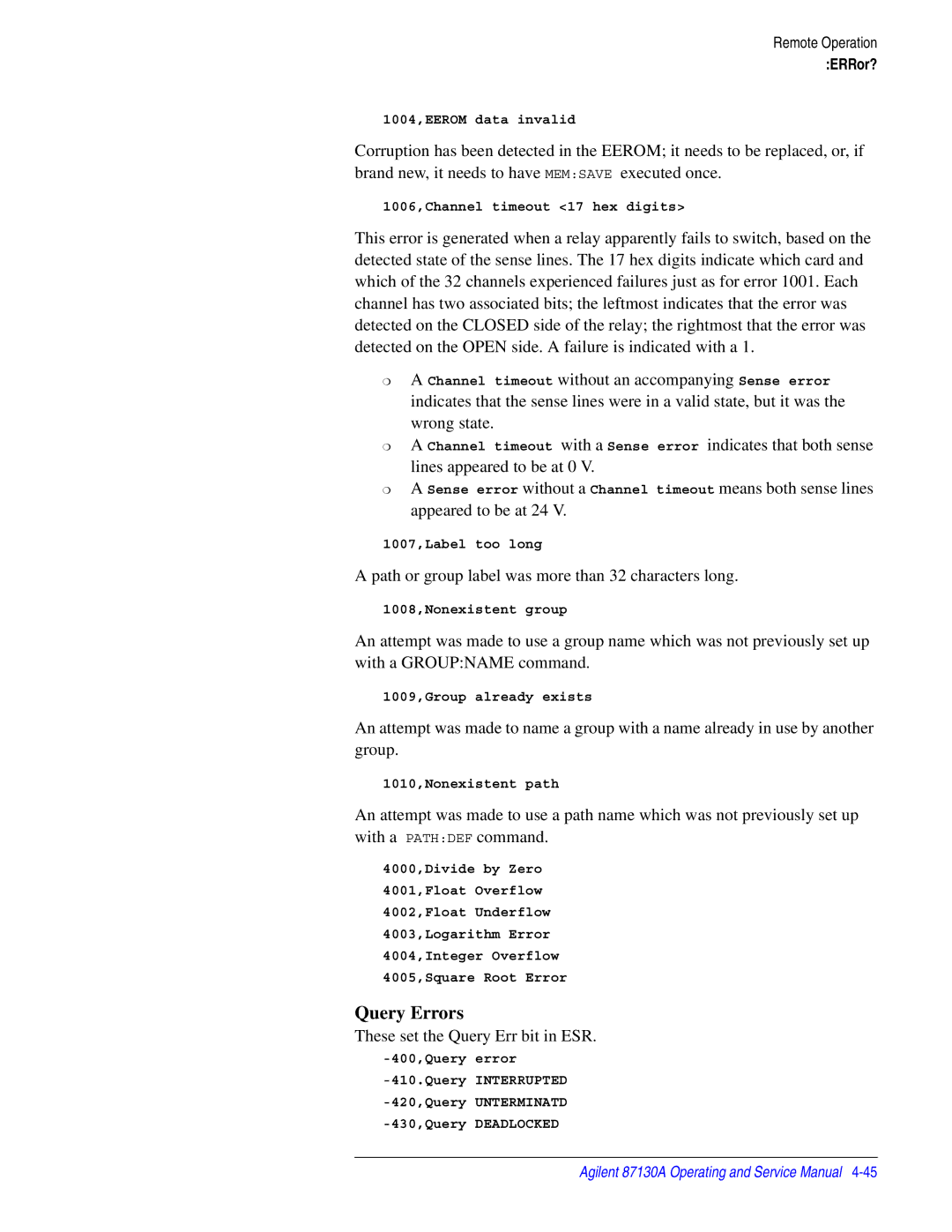 Agilent Technologies 87130A manual Query Errors, These set the Query Err bit in ESR 