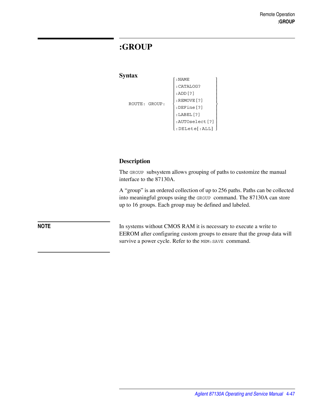 Agilent Technologies 87130A manual Group 