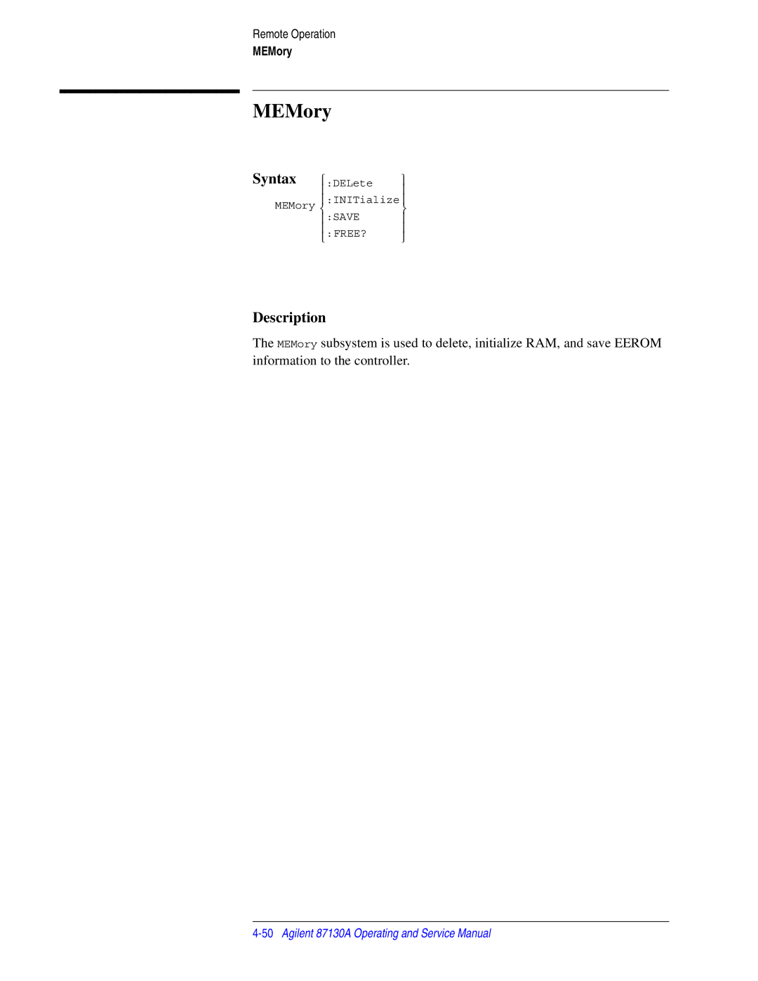 Agilent Technologies 87130A manual MEMory 