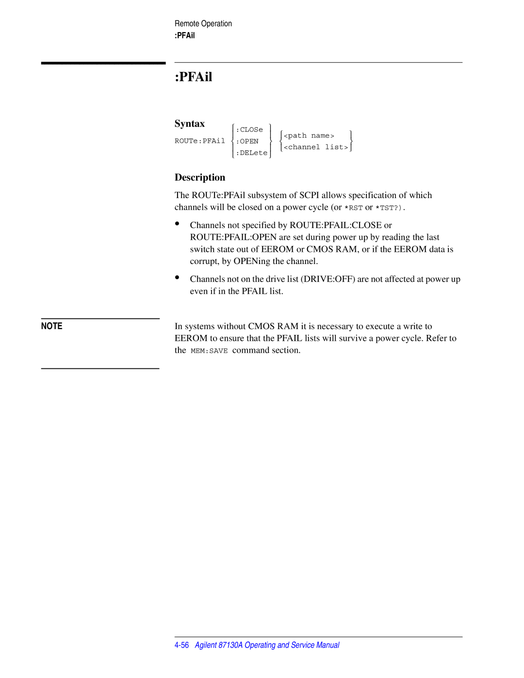 Agilent Technologies 87130A manual PFAil 