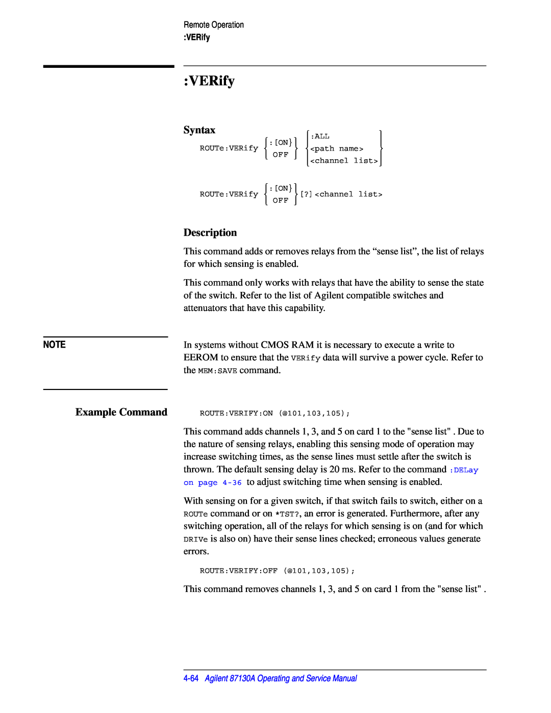 Agilent Technologies 87130A manual VERify, Syntax, Description 