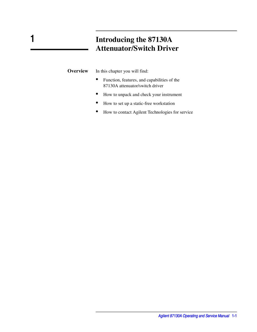 Agilent Technologies manual Introducing the 87130A, Attenuator/Switch Driver, Overview In this chapter you will find 