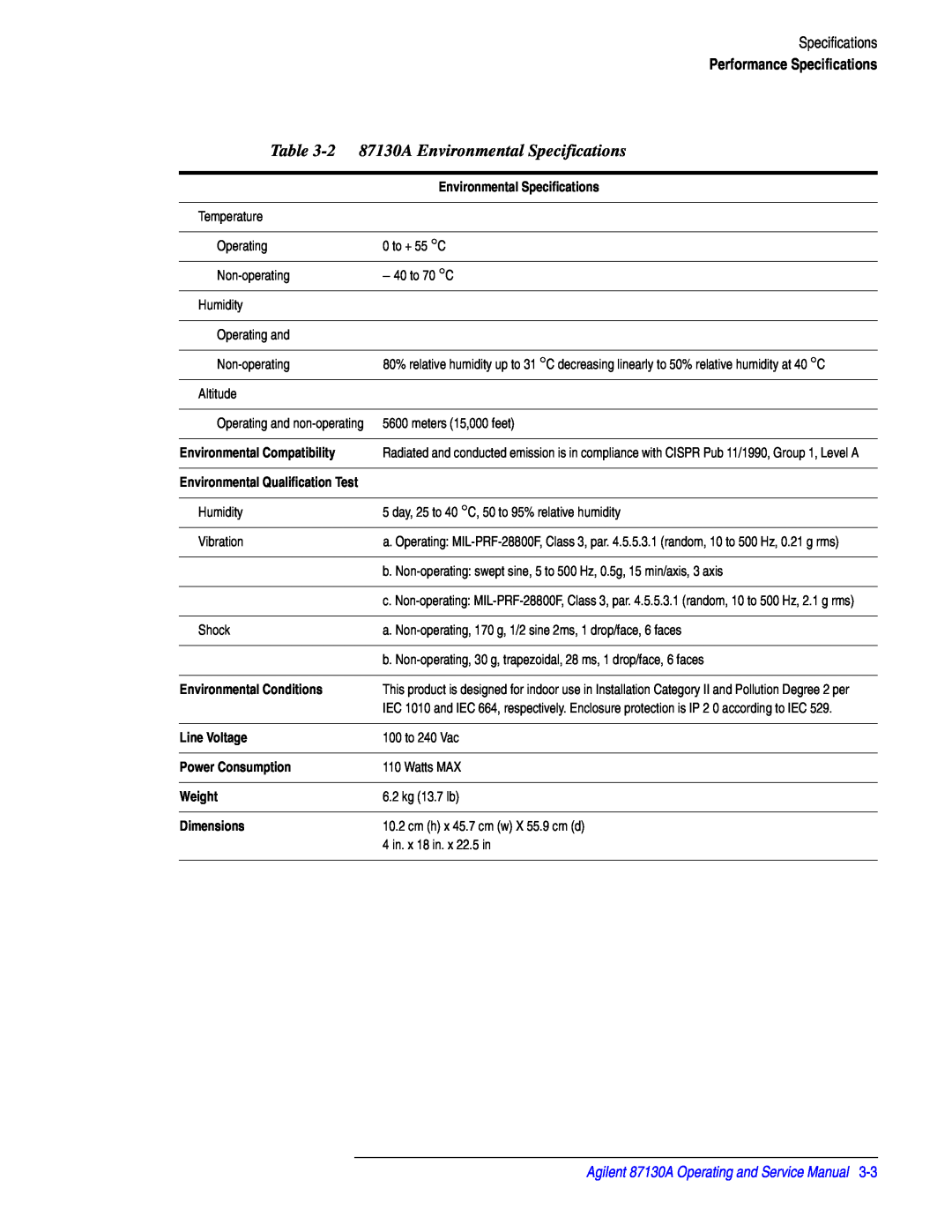Agilent Technologies 87130A Environmental Specifications, Performance Specifications, Environmental Conditions, Weight 