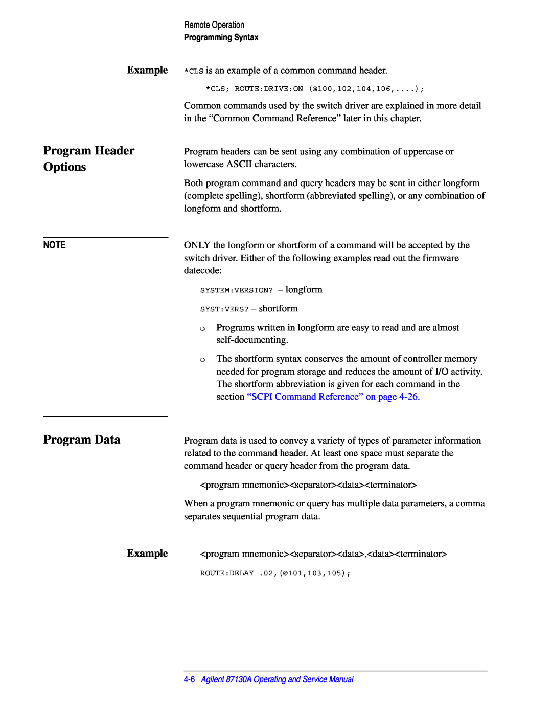 Agilent Technologies 87130A manual Program Header Options, Program Data 