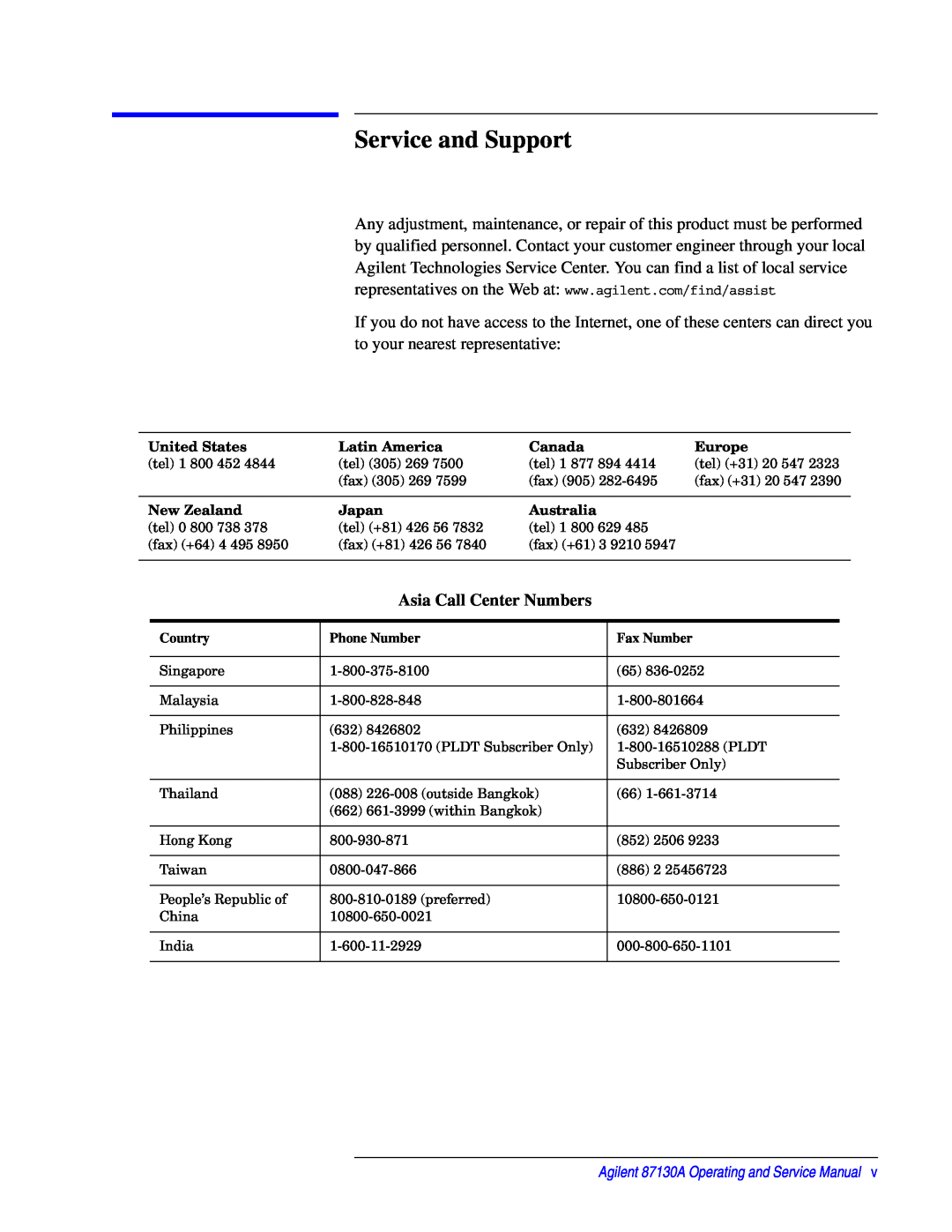 Agilent Technologies Service and Support, Asia Call Center Numbers, Agilent 87130A Operating and Service Manual, Canada 