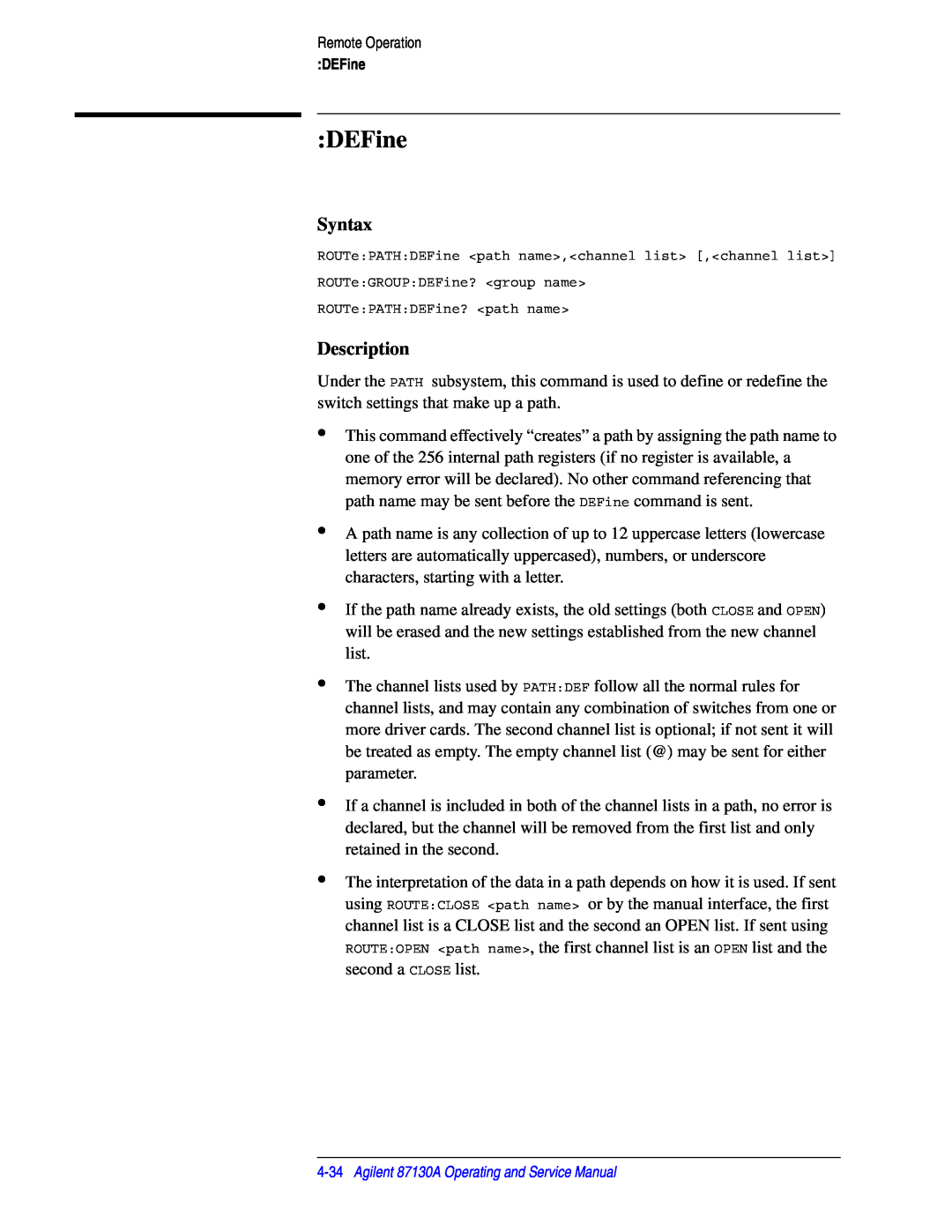 Agilent Technologies 87130A manual DEFine, Syntax, Description 