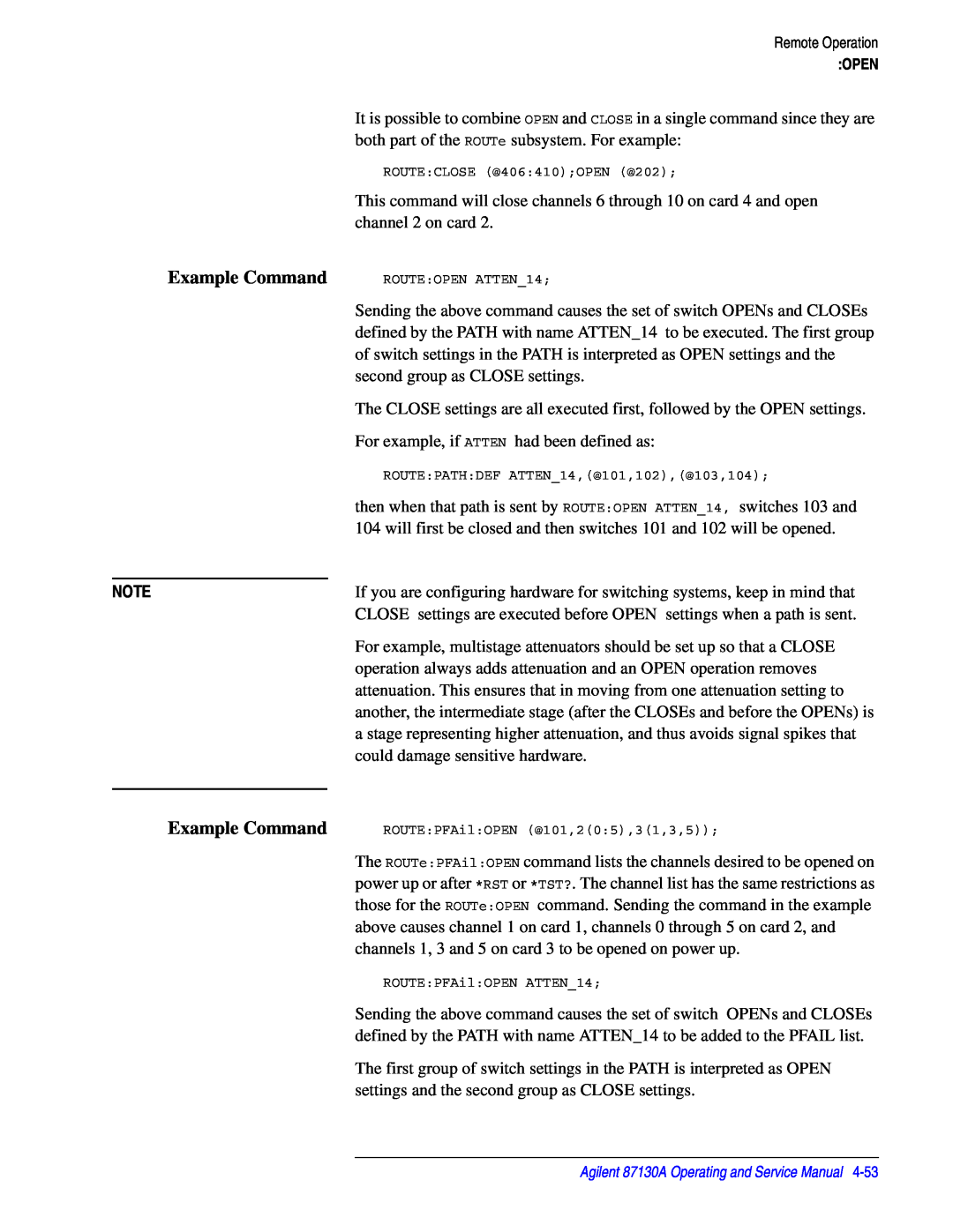Agilent Technologies 87130A manual Example Command 