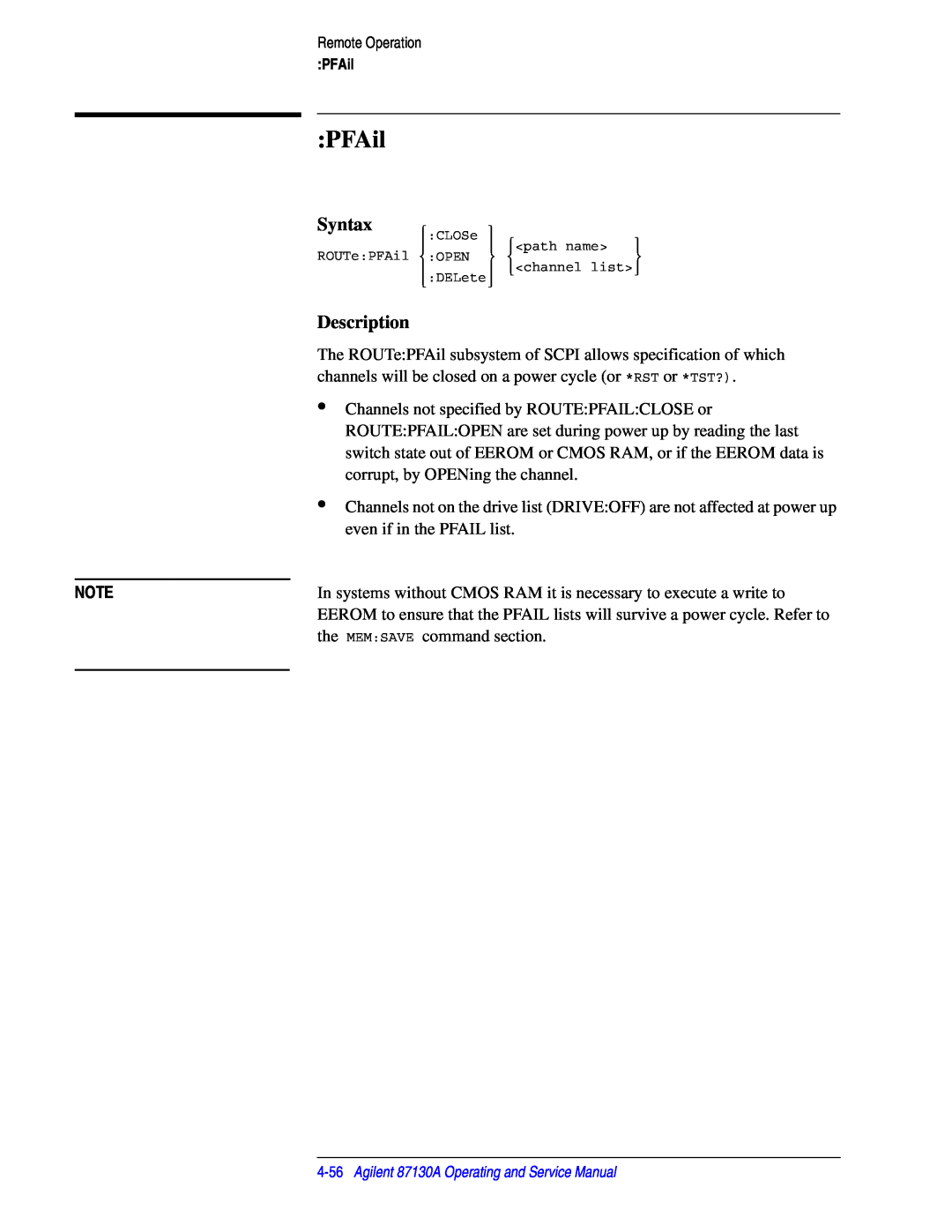 Agilent Technologies 87130A manual PFAil, Syntax, Description 