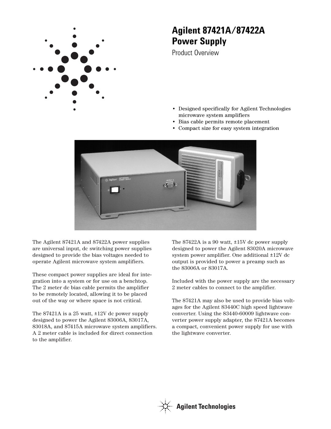 Agilent Technologies manual Agilent 87421A/87422A Power Supply 