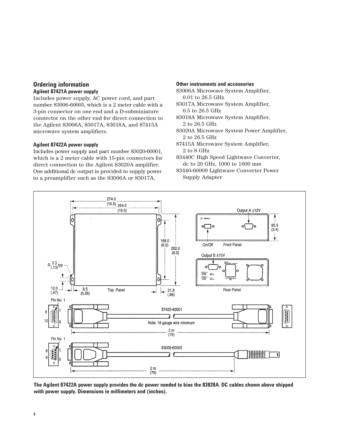 Agilent Technologies manual Ordering information, Agilent 87421A power supply, Agilent 87422A power supply 