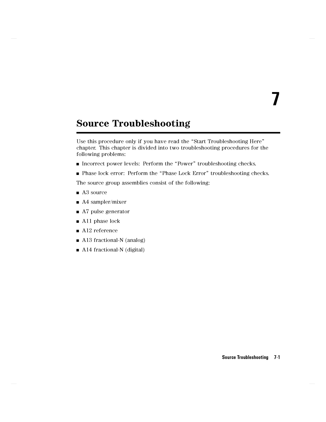 Agilent Technologies 8752C manual SourceTroubleshooting7-1 