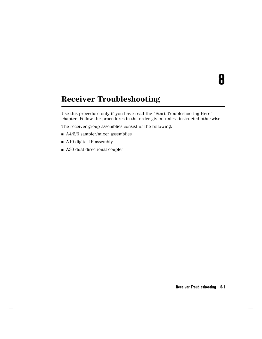 Agilent Technologies 8752C manual ReceiverTroubleshooting8-1 