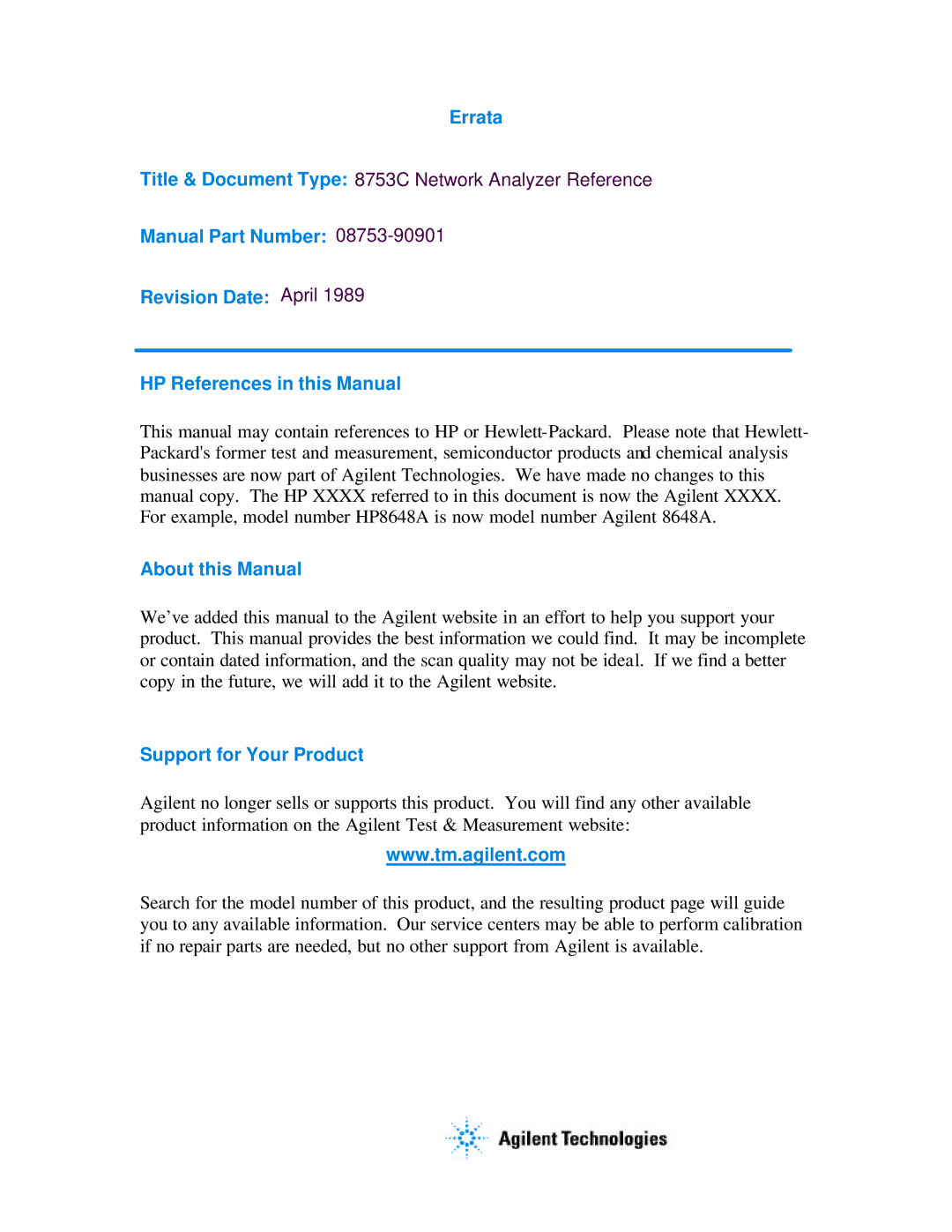 Agilent Technologies 8753C1 manual Errata 