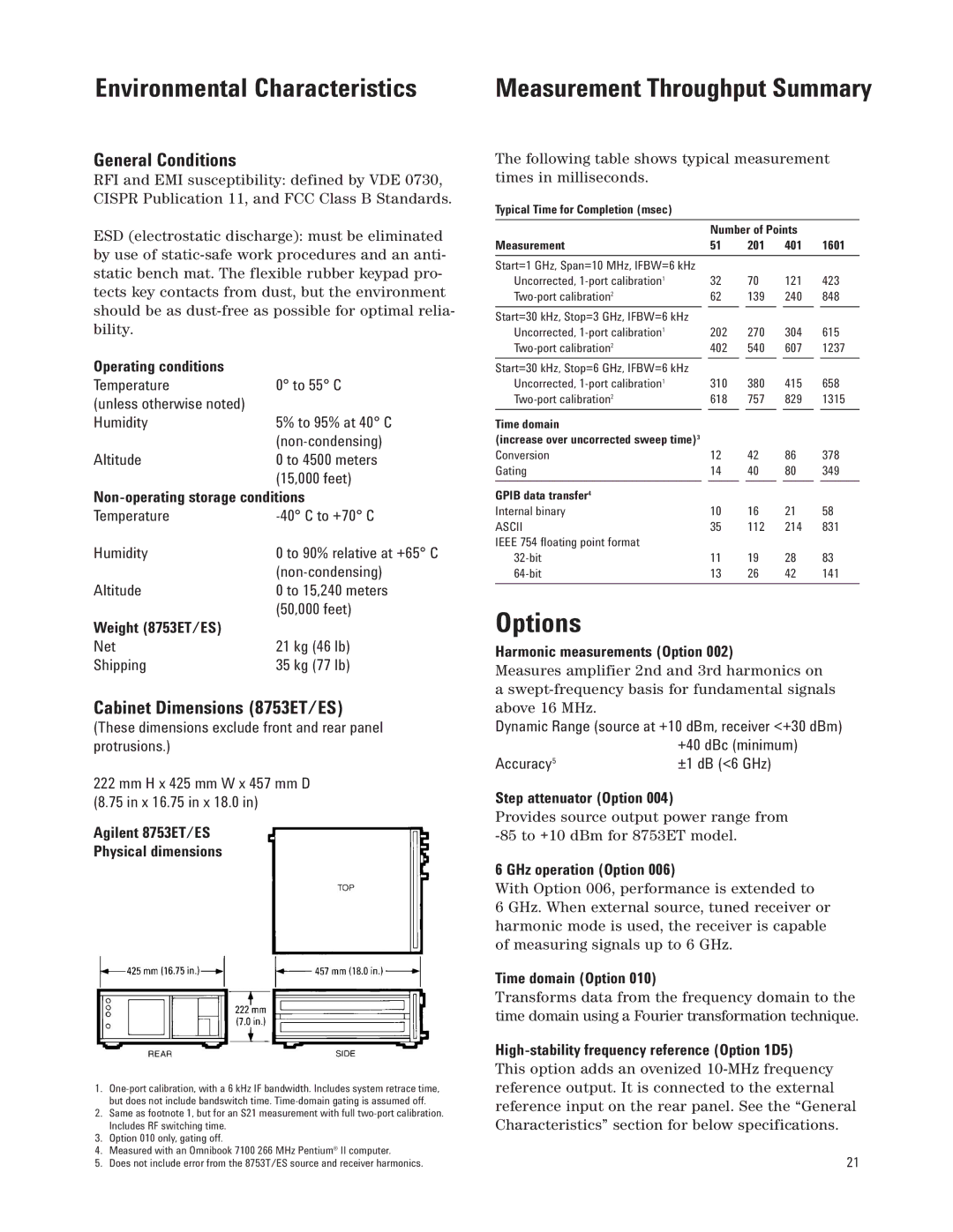 Agilent Technologies 8753ES manual Options, General Conditions, Cabinet Dimensions 8753ET/ES 
