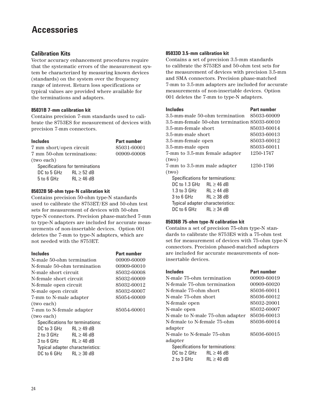 Agilent Technologies 8753ES, 8753ET manual Accessories, Calibration Kits 