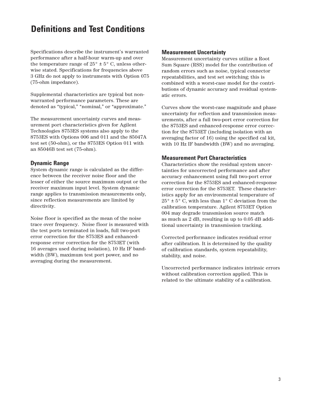 Agilent Technologies 8753ET, 8753ES manual Dynamic Range, Measurement Uncertainty, Measurement Port Characteristics 