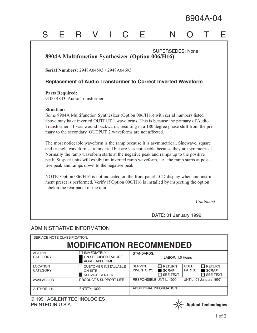 Agilent Technologies 8904A manual R V I C E N O T E, Modification Recommended, Parts Required, Situation 