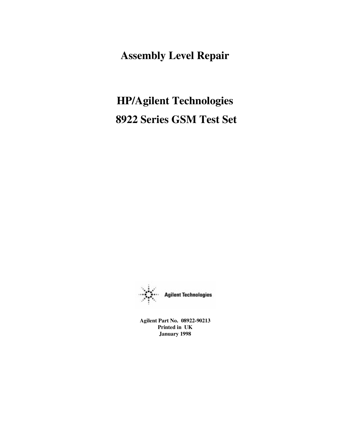 Agilent Technologies 8922 manual Assembly Level Repair, Agilent Part No January 